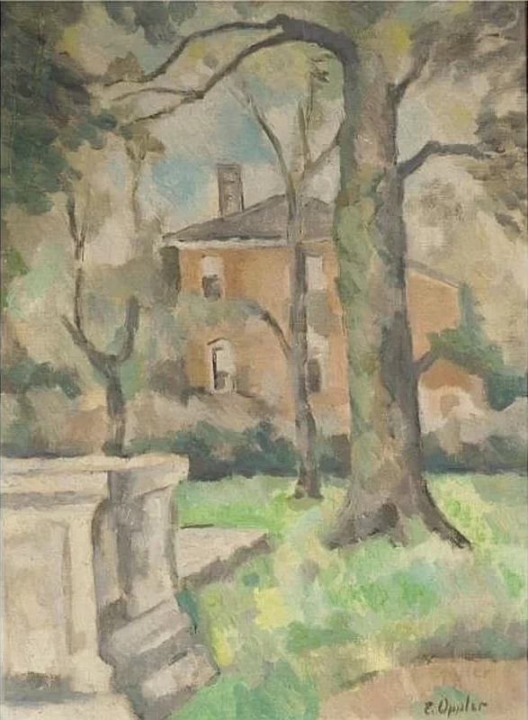 Vista di una casa attraverso un giardino alberato
